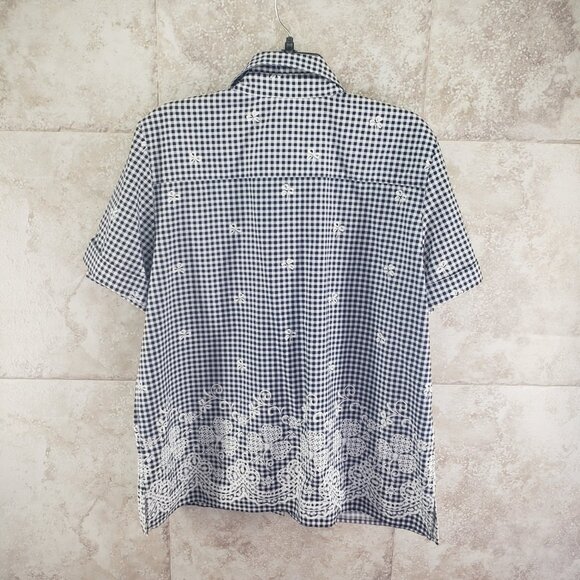Alfred Dunner Blue Check Button Front Roll Tab Short Sleeve Shirt Womens Size M - Picture 2 of 10